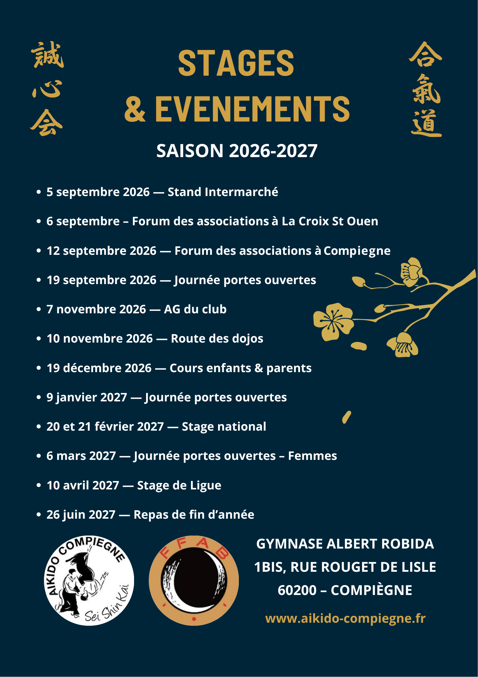 Calendrier des évènements du club saison 2026-2027